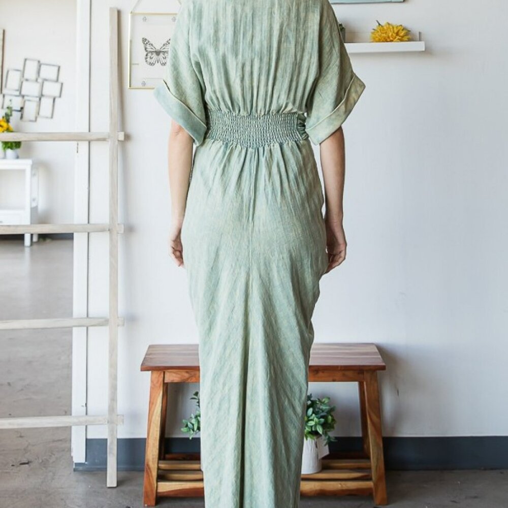 Oli & Hali Sage Green Button-Front Midi Dress with Tie Waist - Picture 2 of 3